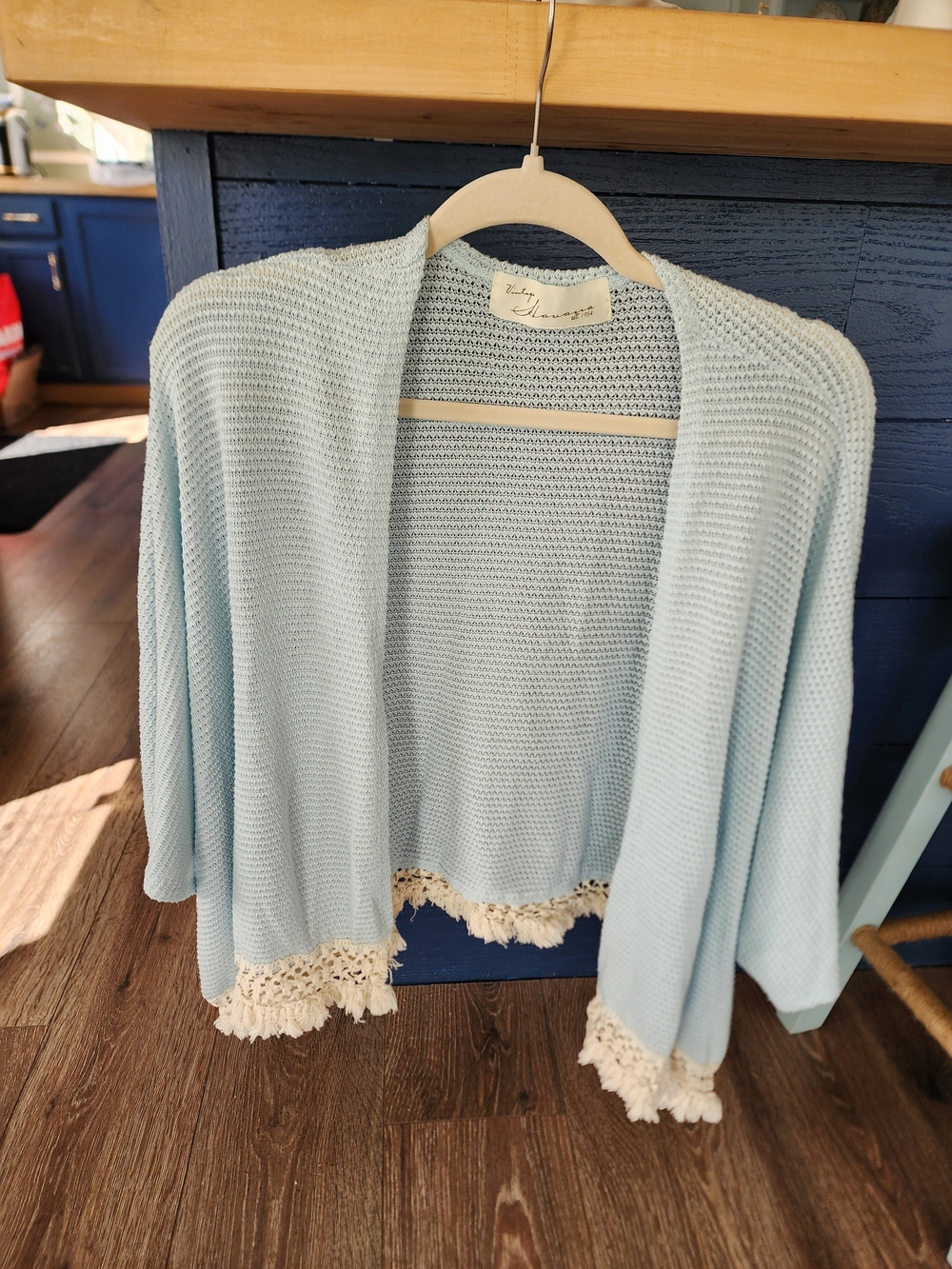 Vintage Havana Light Blue Open Knit Cardigan with Cream Crochet Trim
